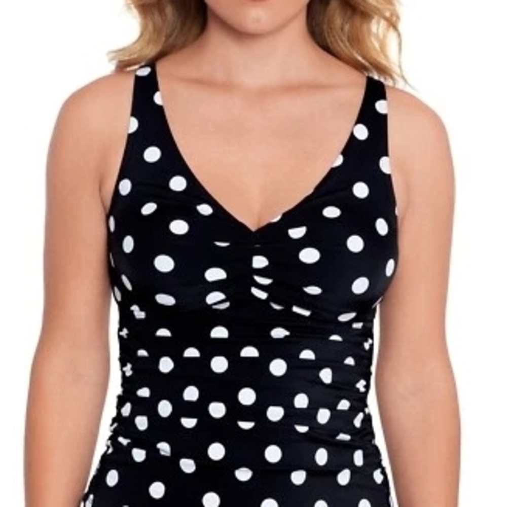 Swim Solutions Black White Polka Dot Tankini Top Size 8 Tummy Control NWT